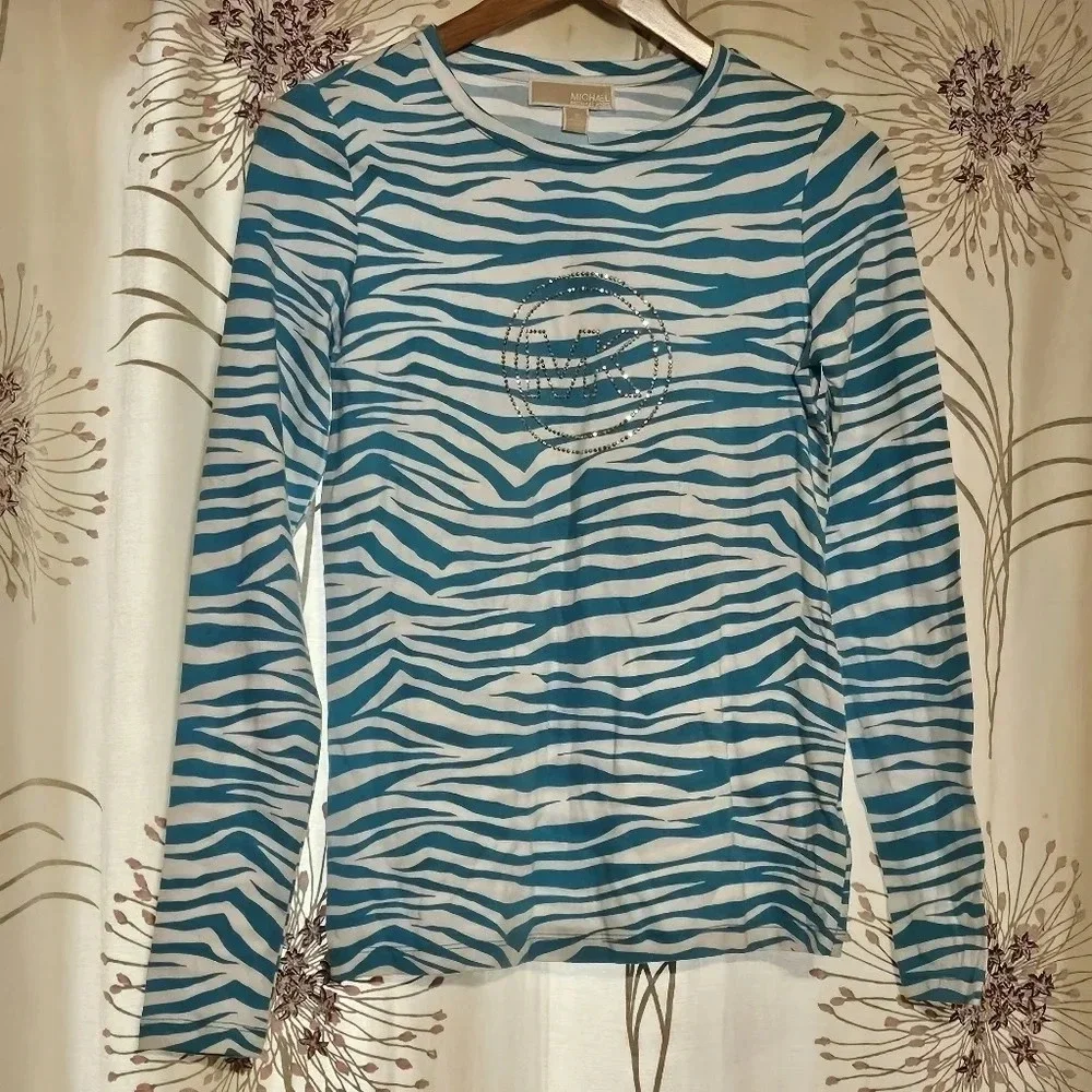 Michael Kors Top Shirt MK Jeweled Sparkle MK Logo Blue White Sz S NWT #0039